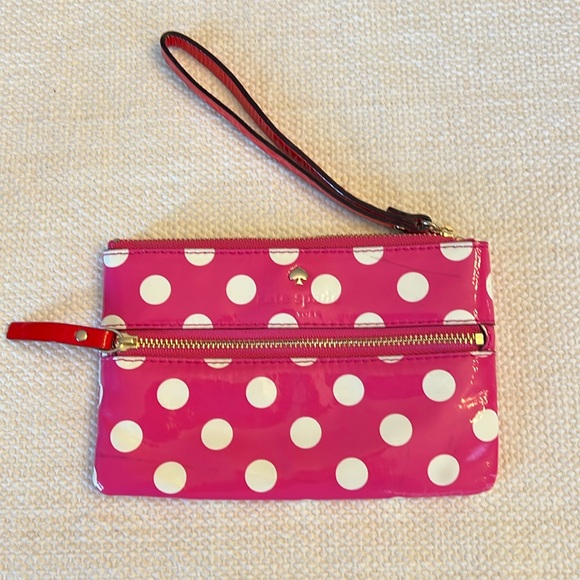Kate Spade pink and white polka dot patent zip wristlet w/red strap - Picture 1 of 9